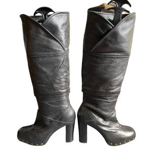 Dani Black Womens Tall Leather Studded Heel Boots Round Toe Size 6US Black